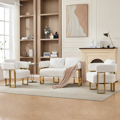 Modern White Teddy Upholstered Loveseat with Gold Metal Legs