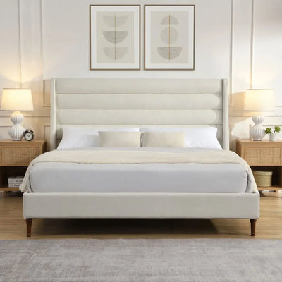 Beige Chenille Upholstered Queen Bed Frame with Wavy Headboard