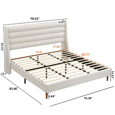 Beige Chenille Upholstered Queen Bed Frame with Wavy Headboard