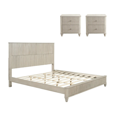 Modern Beige Solid Wood King Bed and 2 Nightstands Set